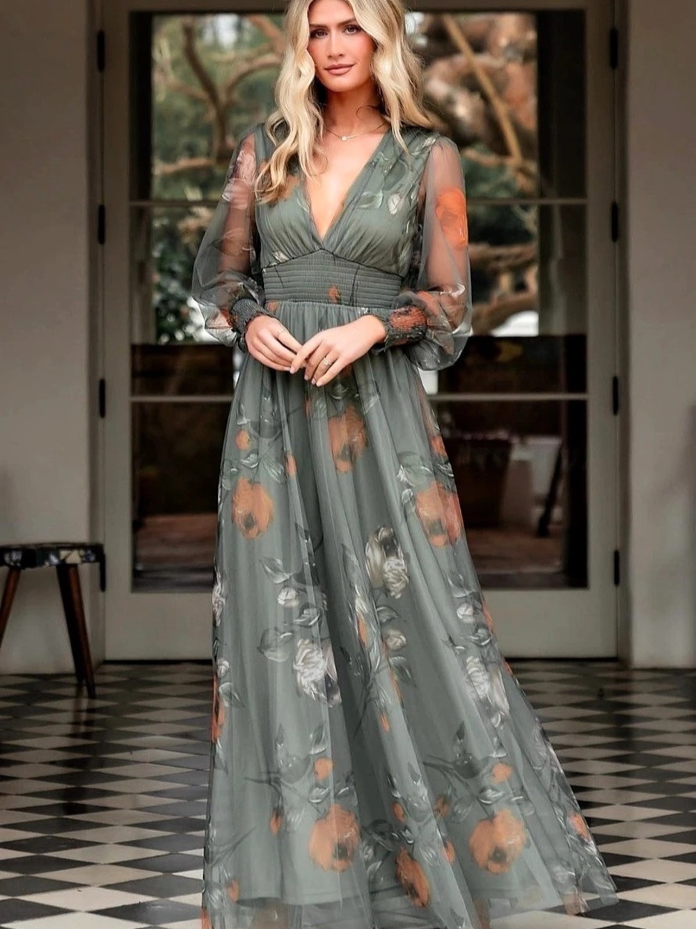 Baltic Born Layla Tulle Maxi Dress in Dusty Olive Floral Size 2XL Like New